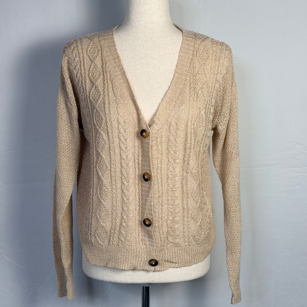 Blu Pepper Womens Tan Beige Cable Knit V-Neck Button Front Cardigan Grannycore L